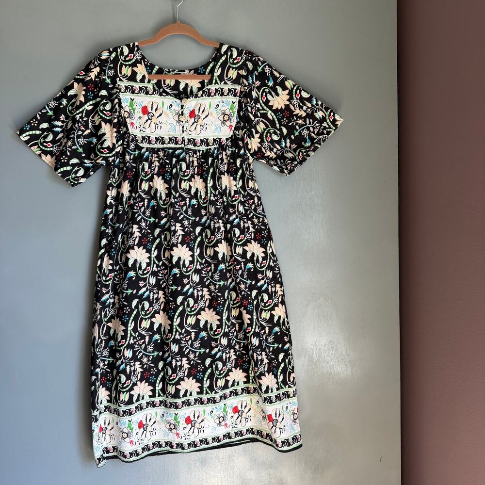 ONLY NECESSITIES Women's L Bib-Front Cotton House Dress Black Vine Floral Boho